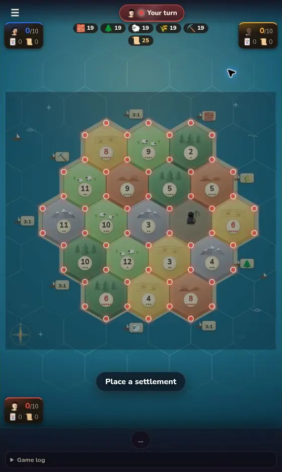 Actual Frontier 2D game board showing terrain hexes, number tokens, ports and settlement positions